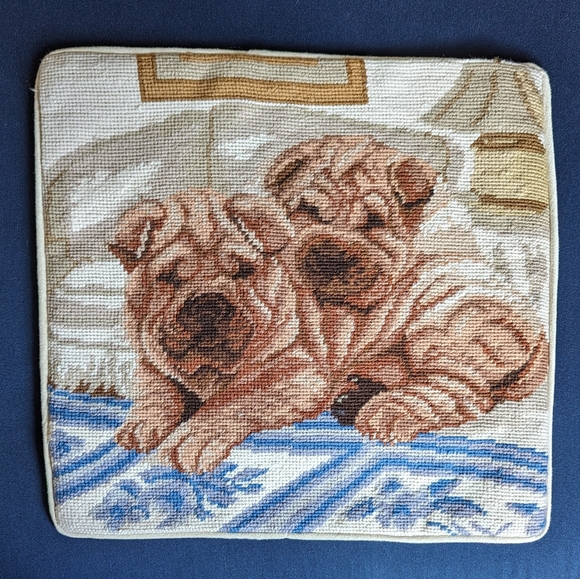 Handcrafted Sharpee Puppies Needlepoint Pillow Cover - Picture 1 of 3